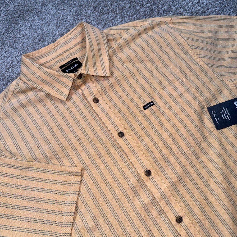 Brixton Cru Oxford Stripe Mens Short Sleeve Stretch Shirt Curry Green XL NEW